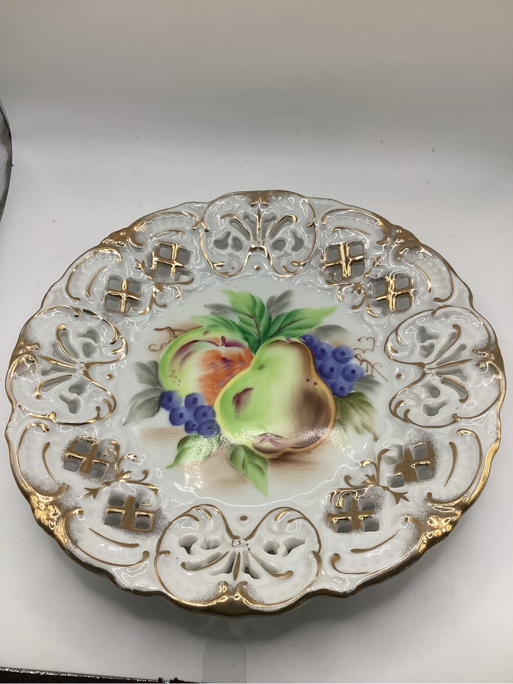 Vintage Fruit Motif Porcelain Plate with Gold Trim
